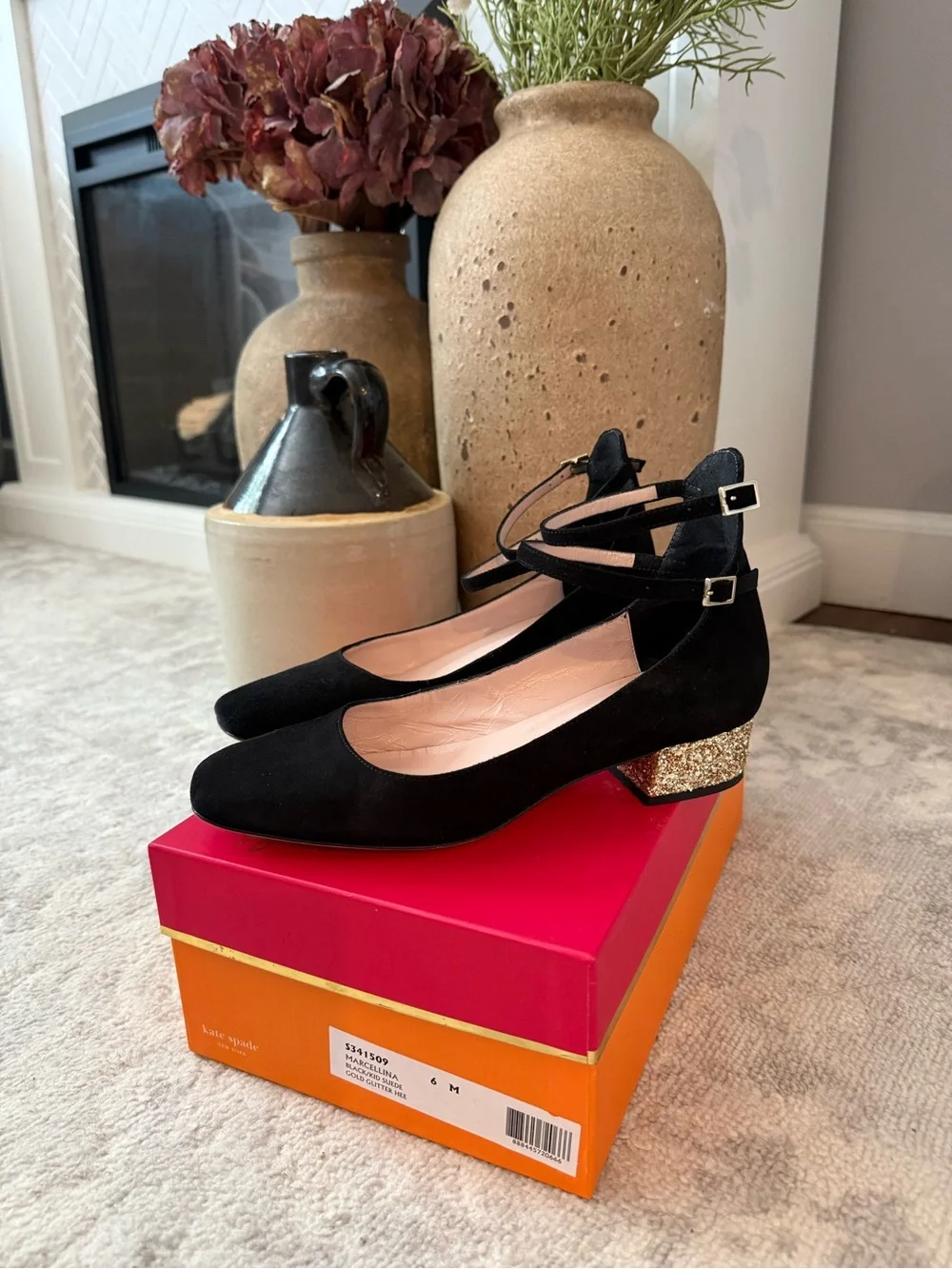 Kate Spade Marcellina Black Suede Ankle-Strap Block Heel with Gold Glitter